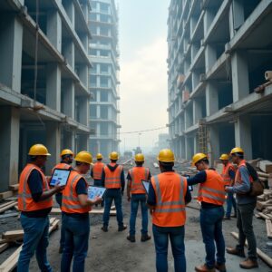 Construction workers using AI-powered BIM software on tablets at a modern construction site