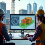 Modern construction project showing CAD software and BIM model working together for building design and collaboration