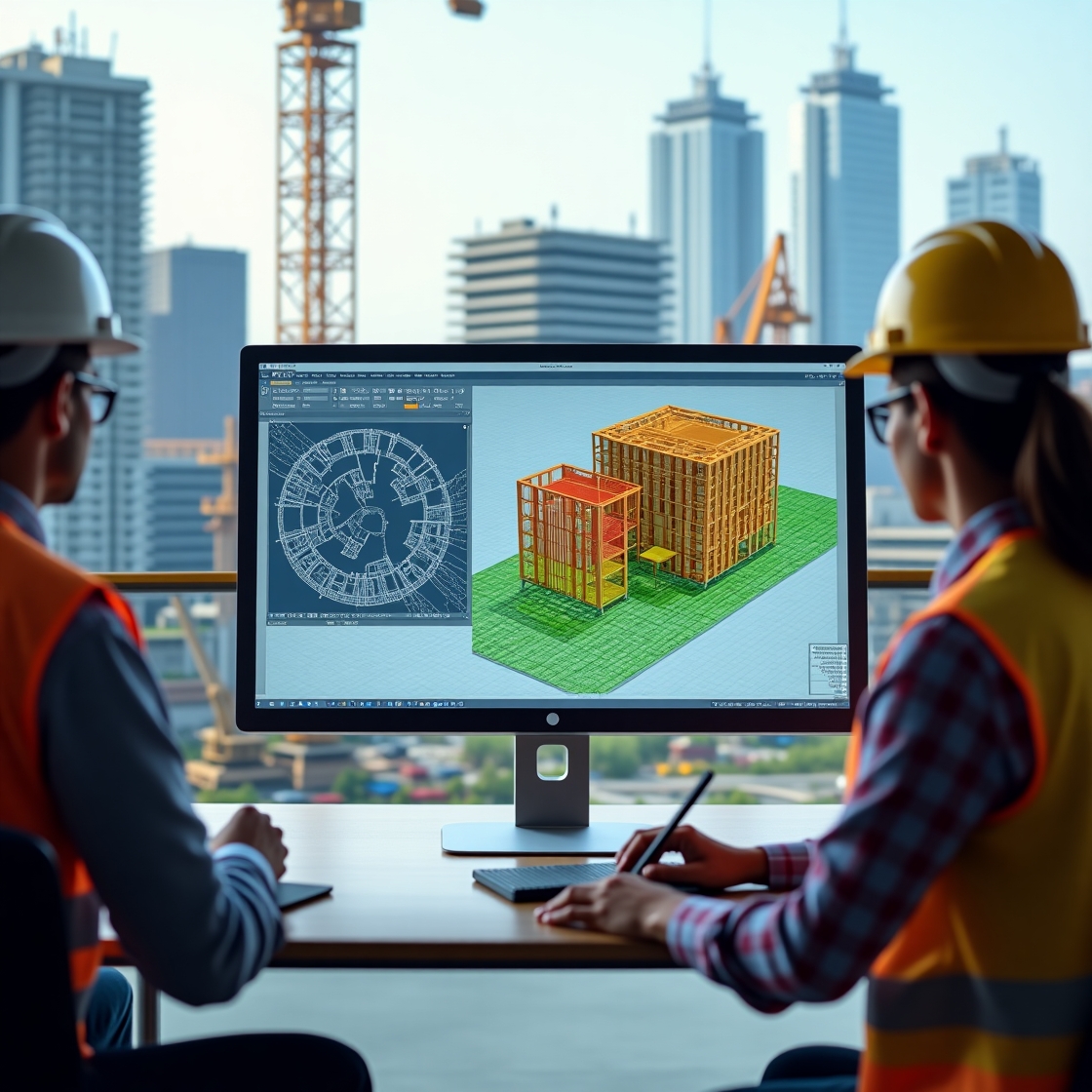Modern construction project showing CAD software and BIM model working together for building design and collaboration