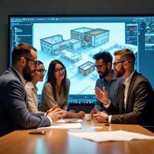 Architects and engineers collaborating on a BIM model using digital touchscreen technology"