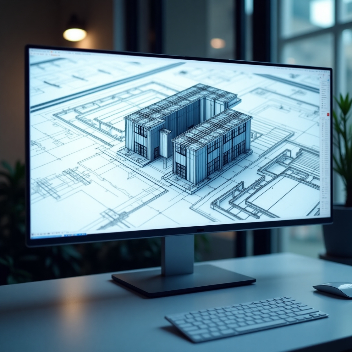 3D CAD model on a computer screen with detailed technical drawings, schematics, and photorealistic renderings, highlighting the use of CAD software in product design, engineering, and manufacturing. Displaying precision and innovation in a high-tech workspace.