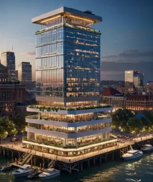 Contemporary waterfront skyscraper at dusk, representing CADPro’s high-quality 3D architectural design and CAD drafting services in Qatar.