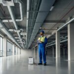 HVAC technician inspecting HVAC system design to improve energy efficiency in commercial buildings