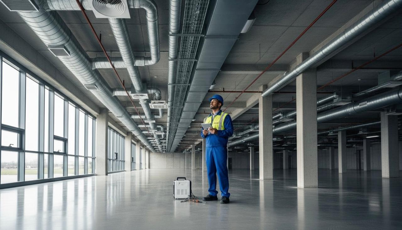 HVAC technician inspecting HVAC system design to improve energy efficiency in commercial buildings