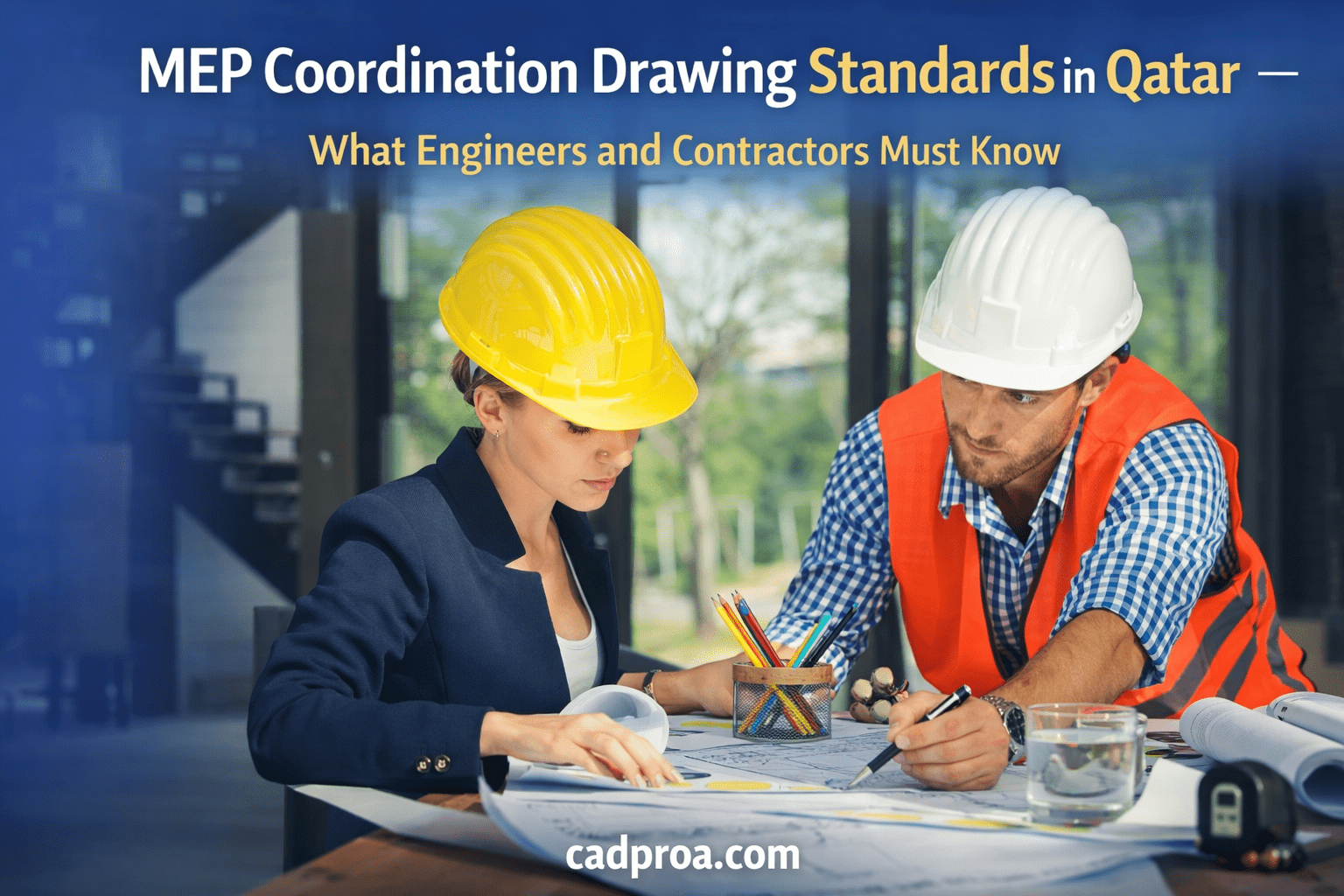 Engineers reviewing MEP coordination drawings at a construction site for Qatar building standards and contractor compliance