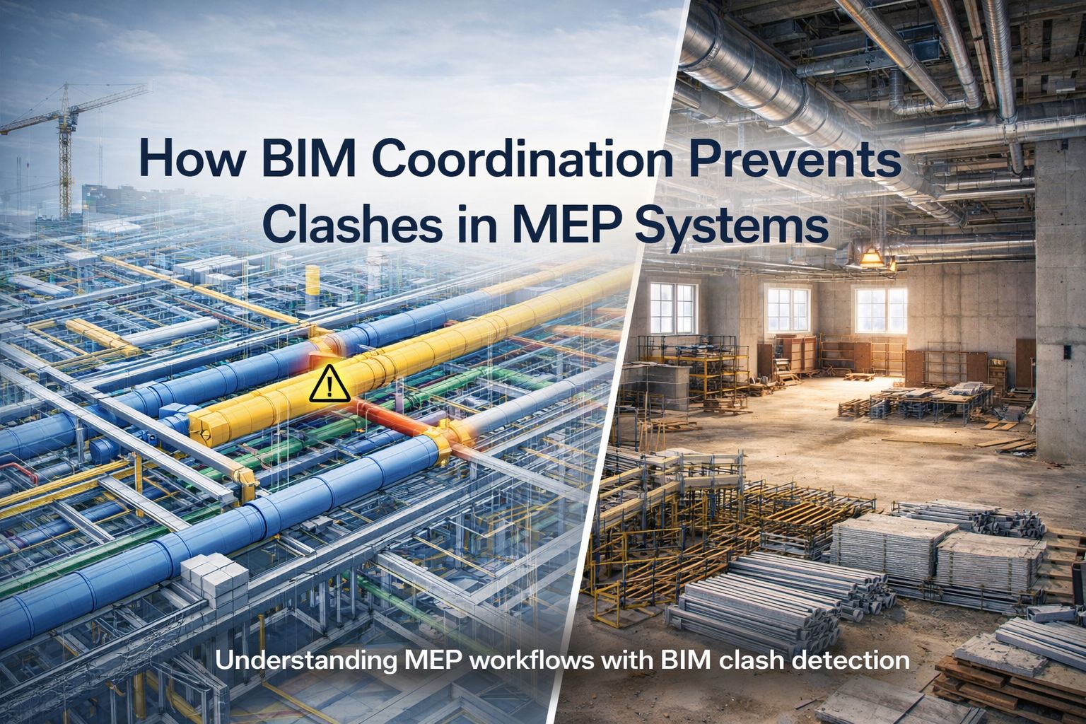 BIM coordination model showing MEP clash detection beside commercial construction site best bim modeling services in qatar