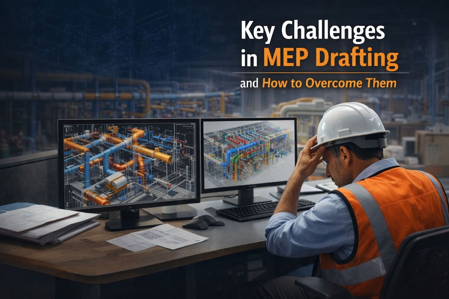 Engineer reviewing MEP drafting drawings on dual monitors showing BIM and CAD models for key challenges in MEP drafting and practical solutions