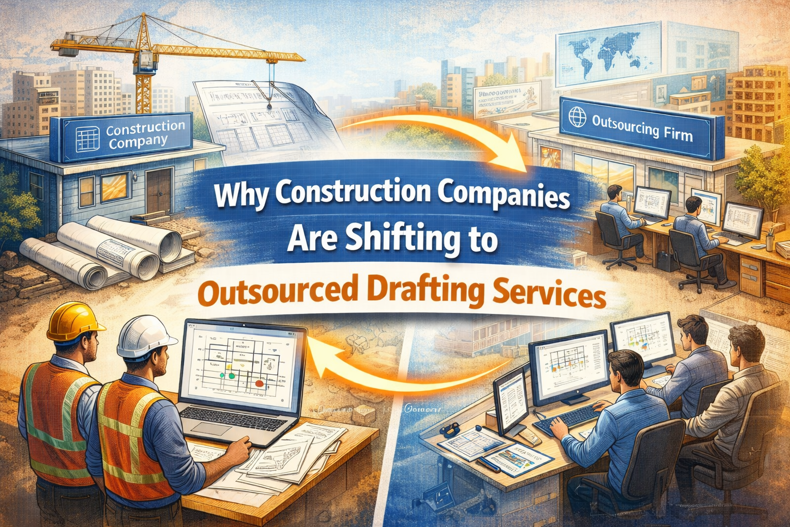 Illustration showing construction companies collaborating with an outsourced drafting services team using CAD software to produce architectural and engineering drawings.