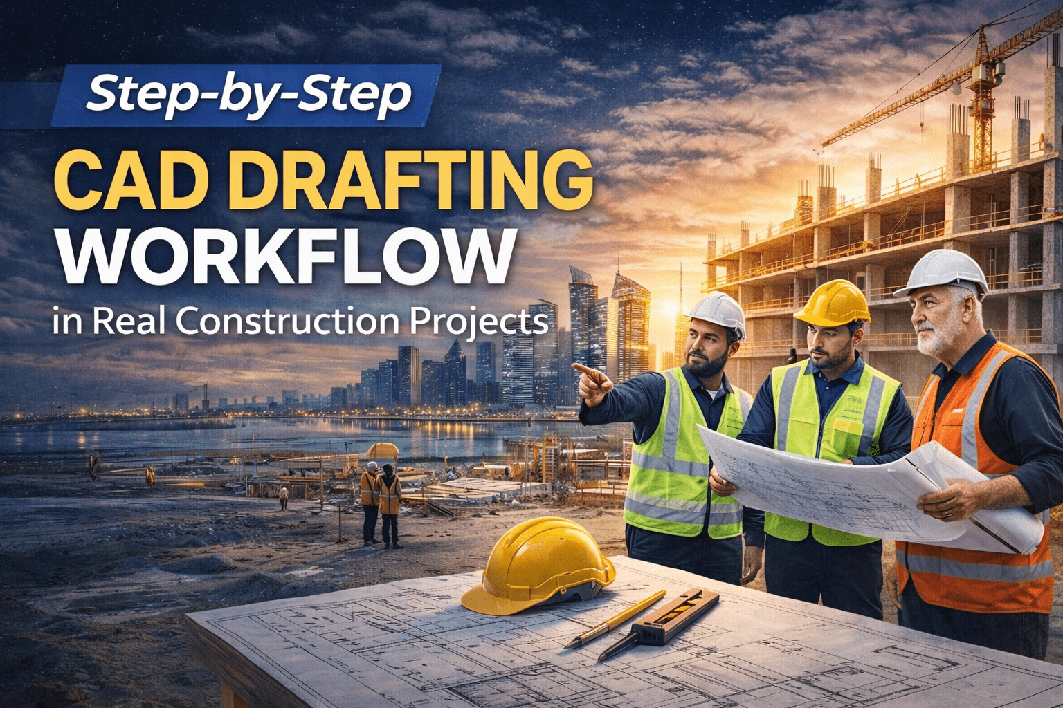 Step-by-step CAD drafting workflow in real construction projects showing engineers reviewing technical drawings at a Qatar construction site
