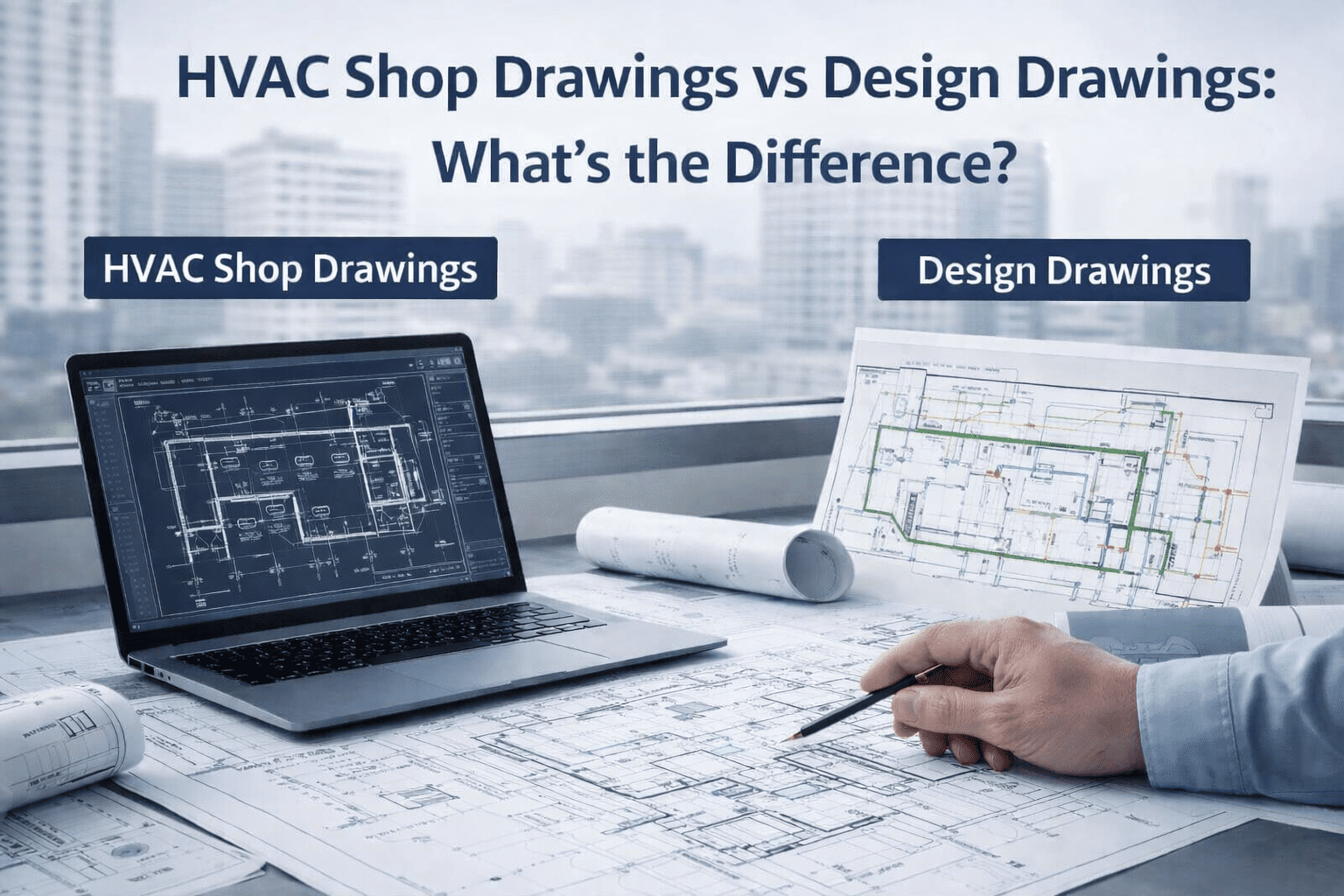 HVAC shop drawings and design drawings comparison for commercial building projects in Qatar showing technical CAD layout and engineering drawings