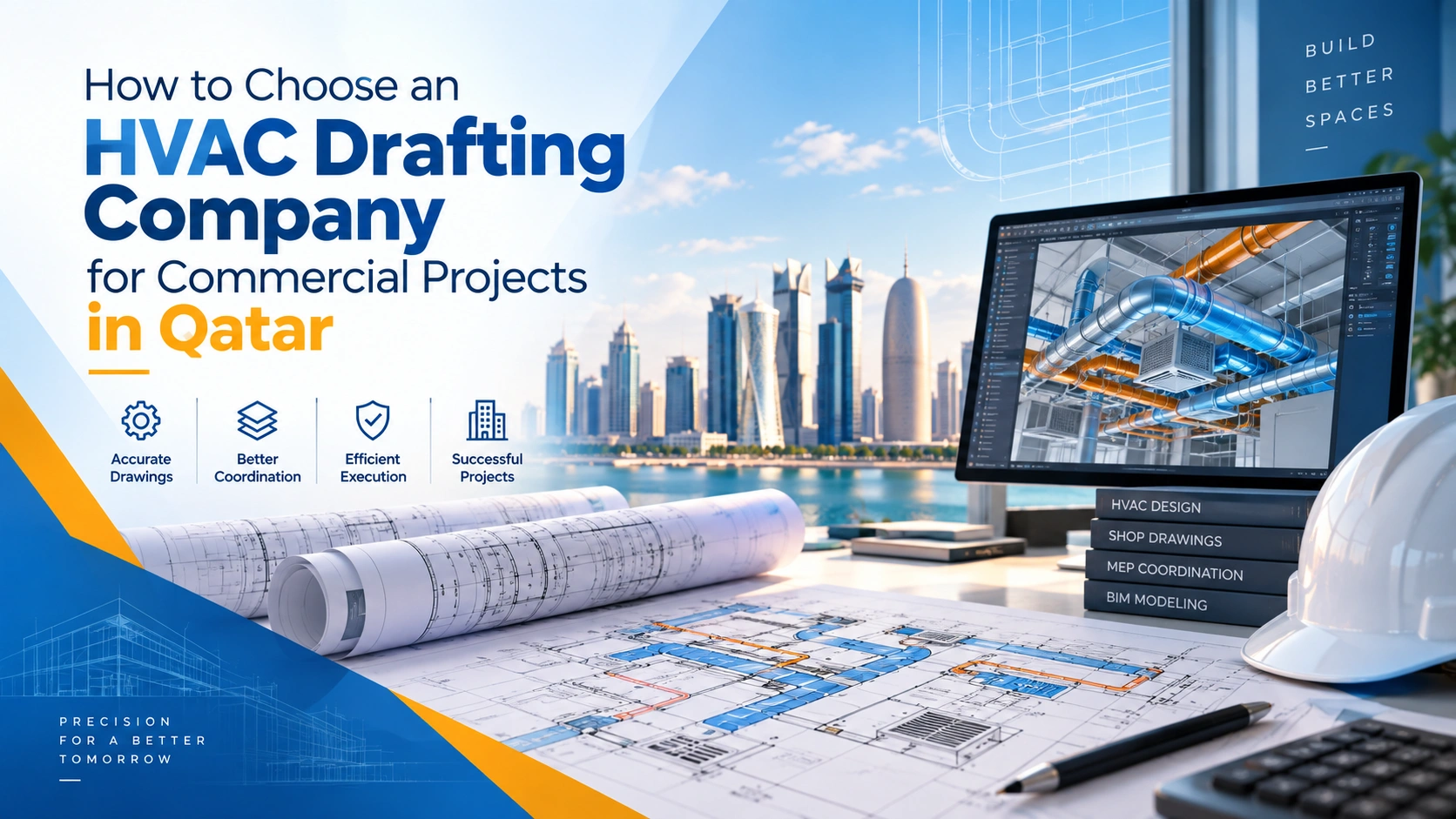 HVAC drafting for commercial projects in Qatar with BIM model, HVAC drawings and Doha skyline