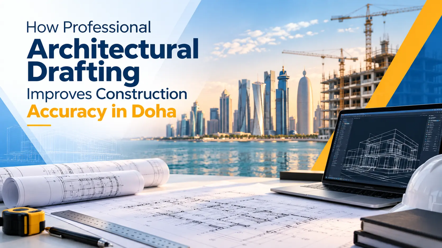Professional architectural drafting workspace with construction blueprints and Doha skyline illustrating construction accuracy in Doha, Qatar.