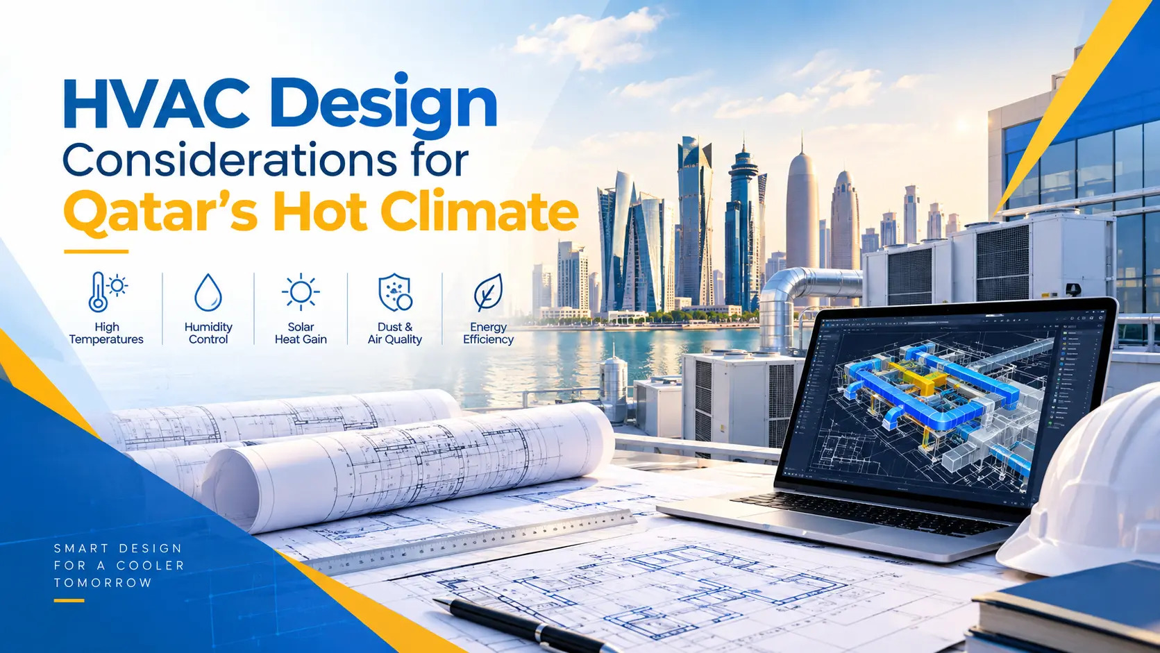 HVAC design considerations for Qatar’s hot climate with CAD drawings, HVAC systems and Doha skyline