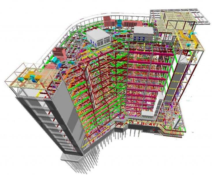 BIM coordination model integrating architectural, structural and MEP systems
