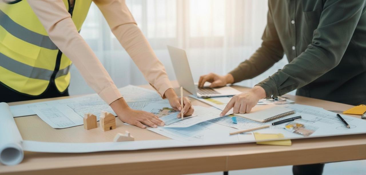 professional-engineer-team-discussion-about-house-design-meeting-table-with-architectural-equipment-blueprint-scatter-around-modern-office-focus-hand-closeup-